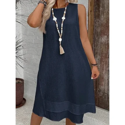 Women's Midi Dress Summer Dress Casual Daily Regular Fit Solid Color Sleeveless Crew Neck White Navy Blue Summer - Image 6