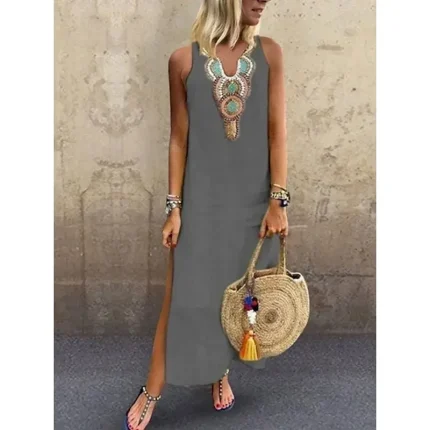Women's Maxi Dress Summer Dress Casual Boho Daily Regular Fit Graphic Sleeveless Notched Neck White Yellow Wine Gray Summer - Image 4