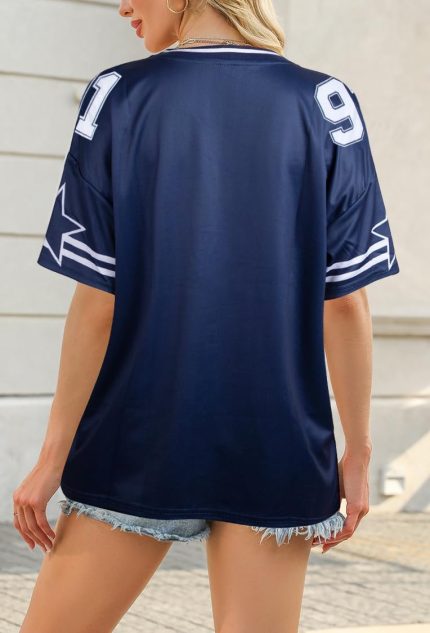 Blue #91 Jersey Shirts for Women Graphic Tees V Neck Baggy Streetwear Number Oversized T Shirt Summer Tops - Image 3