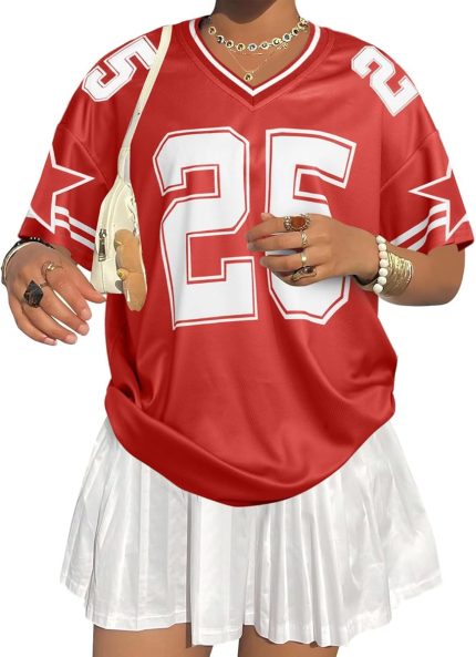 Red #25 Jersey Shirts for Women Graphic Tees V Neck Baggy Streetwear Number Oversized T Shirt Summer Tops - Image 3