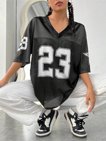 Black #23 Oversized Jersey Women V Neck Tshirt Number Graphic Tee Streetwear Short Sleeve Top - Image 3