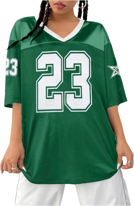 Green #23 Oversized Jersey Women V Neck Tshirt Number Graphic Tee Streetwear Short Sleeve Top - Image 3