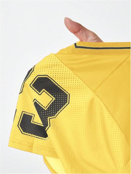 Yellow #23 Women's Jersey Shirts Hip Hop V Neck Short Sleeve Mesh Crop Top Graphic Tees - Image 3