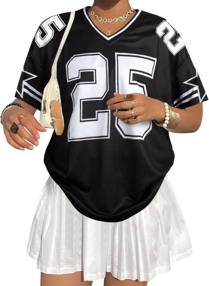 Black #25 Jersey Shirts for Women Graphic Tees V Neck Baggy Streetwear Number Oversized T Shirt Summer Tops - Image 3