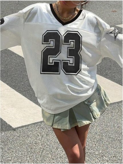 White #23 Oversized Jersey Women V Neck Tshirt Number Graphic Tee Streetwear Short Sleeve Top