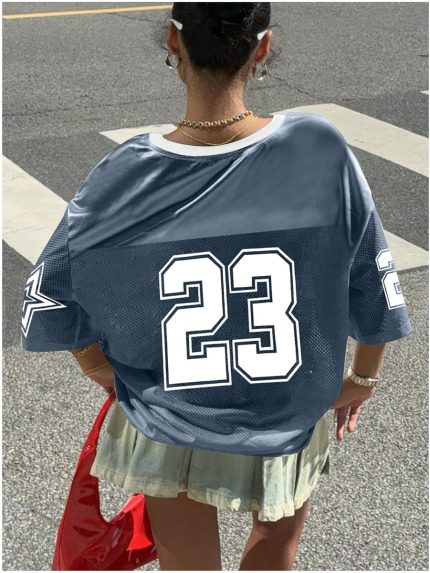 Blue #23 Oversized Jersey Women V Neck Tshirt Number Graphic Tee Streetwear Short Sleeve Top - Image 3