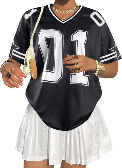 Black #01 Jersey Shirts for Women Graphic Tees V Neck Baggy Streetwear Number Oversized T Shirt Summer Tops - Image 3