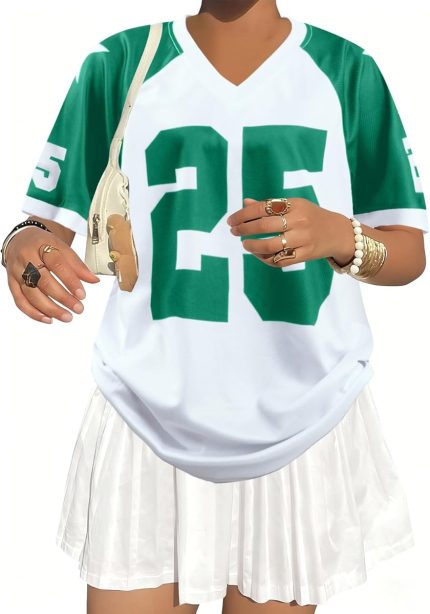 Green #25 Jersey Shirts for Women Graphic Tees V Neck Baggy Streetwear Number Oversized T Shirt Summer Tops - Image 3