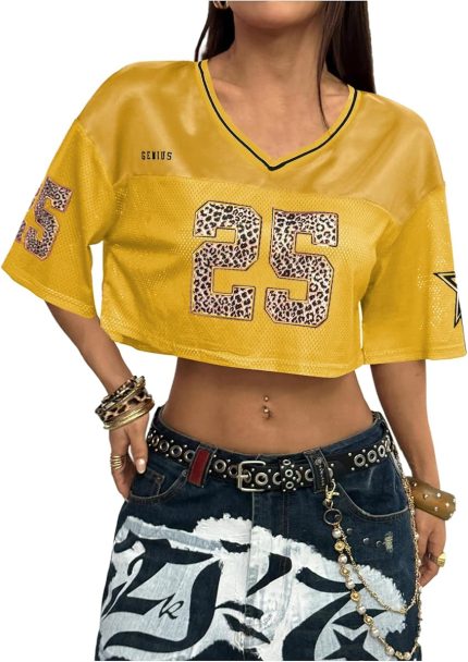 Yellow Brown #25 Women's Jersey Shirts Hip Hop V Neck Short Sleeve Mesh Crop Top Graphic Tees - Image 3