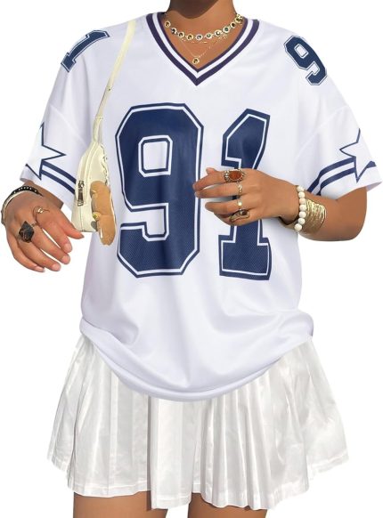 White #91 Jersey Shirts for Women Graphic Tees V Neck Baggy Streetwear Number Oversized T Shirt Summer Tops - Image 3