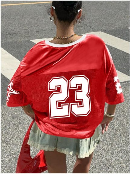 Red #23 Oversized Jersey Women V Neck Tshirt Number Graphic Tee Streetwear Short Sleeve Top - Image 3
