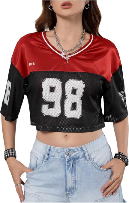Red Black #98 Women's Jersey Shirts Hip Hop V Neck Short Sleeve Mesh Crop Top Graphic Tees - Image 3