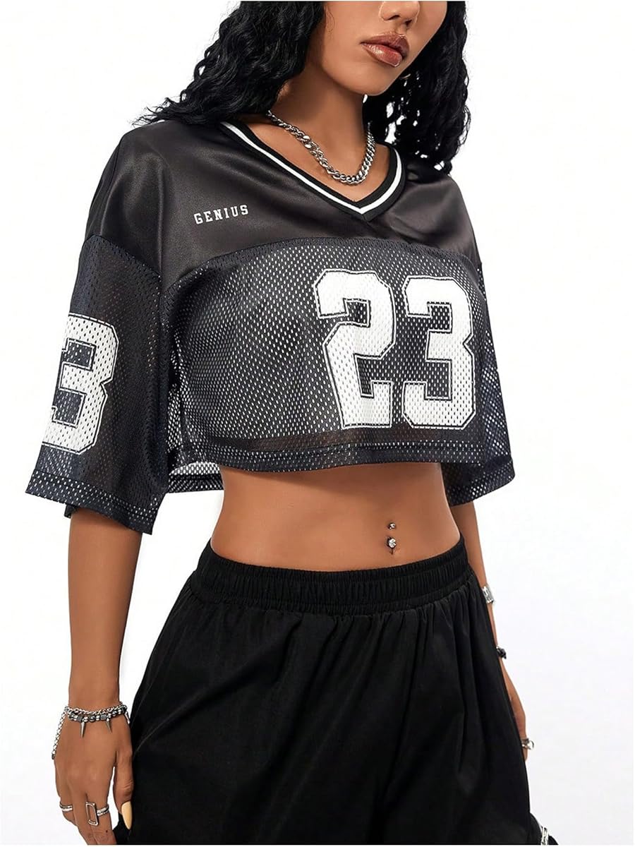d318af0275eba9427d8ba9469020ce59.jpg Black #23 Women's Jersey Shirts Hip Hop V Neck Short Sleeve Mesh Crop Top Graphic Tees - Image 1