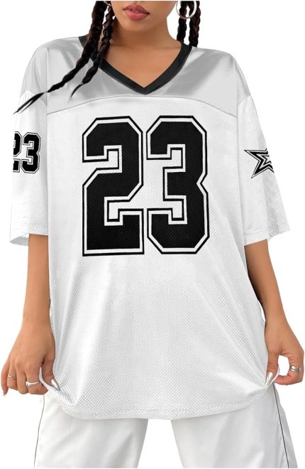 White #23 Oversized Jersey Women V Neck Tshirt Number Graphic Tee Streetwear Short Sleeve Top - Image 3