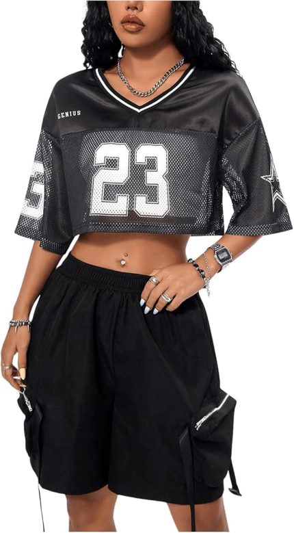 Black #23 Women's Jersey Shirts Hip Hop V Neck Short Sleeve Mesh Crop Top Graphic Tees - Image 3